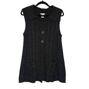 Hannah Cardigan Vest Gray L Cable Knit Sleeveless Collared Boho Front Pockets